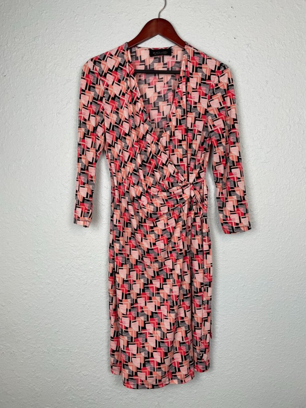 Black Label Evan Picone Pink Geometric Faux Wrap Dress M/L 207